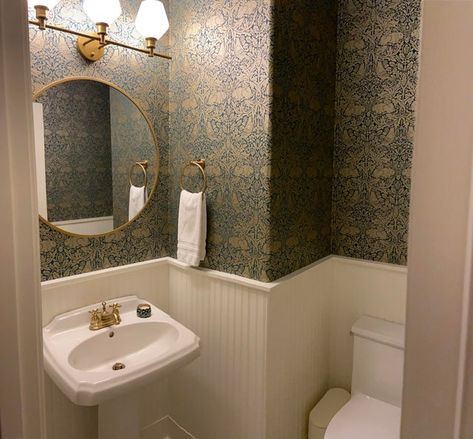 Just remodeled our bathroom in Oregon. Hard to get a good pic. : AmateurRoomPorn Small Bathroom With Wallpaper, Wallpaper And Wainscoting, Bathroom With Wallpaper, Small Ensuite, Dark Green Bathrooms, Small Bathroom Wallpaper, Wainscoting Ideas, Wainscoting Bathroom, Bohemian Dining Room