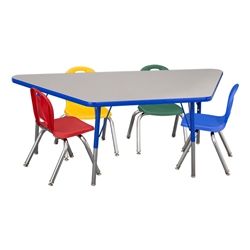 Trapezoid Adjustable-Height Preschool Table & Four Assorted Color Structure Chairs - (30" W x 60" L) - 12" Seat Height Dry Erase Table, Letters Drawing, Preschool Tables, Laminate Table, Laminate Table Top, Floor Safe, Edge Banding, Creative Workspace, Activity Table