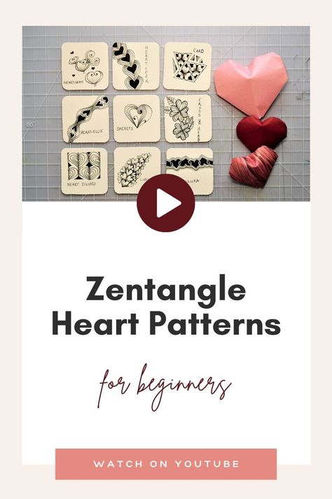 Heart themed Zentangle pattern tiles arranged in a square and accented with pink and red origami hearts. The pin links to a YouTube video tutorial for drawing beginner Zentangle patterns. Easy Zentangle Patterns For Beginners, Heart Zentangle Patterns, Zentangle Hearts Patterns, Heart Tangles Zentangle Patterns, Zentangle Hearts Step By Step, Valentine Zentangles Ideas, Official Zentangle Patterns Step By Step, Zentangle Patterns For Beginners, Zentangle Heart