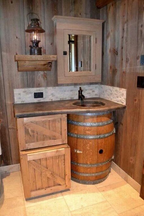 Would love this out in the barn. Country Bathroom Designs, Barrel Sink, Cabin Bathrooms, Rustic Bathroom Designs, Barrel Furniture, Decor Ikea, Cafe Ideas, Country Bathroom, Rustic Bathrooms