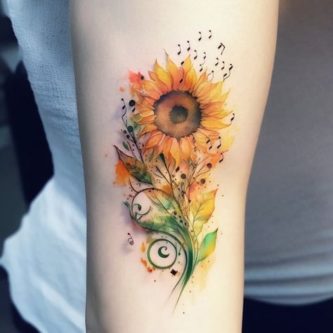 sunflower-tattoo Sunflower Tattoo For Women, Sunflower Colored Tattoo, Yellow Sunflower Tattoo, Sunflower Color Tattoo, Sun Flower Tattoo Design, Sunflower Thigh Tattoos Women, Unique Sunflower Tattoo, Sunflower And Music Tattoo, Floral Upper Arm Tattoo