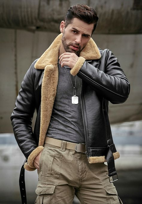 Denny&Dora Sheepskin shearling coat Sheepskin Coat Mens, Mens Leather Jacket Motorcycle, Pilot Leather Jacket, Shearling Leather Jacket, Leather Shorts Women, Mens Fur Coat, Pilot Style, Pilot Jacket, Fur Leather Jacket