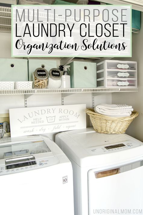 Organizing ideas and solutions for a small, multi-purpose laundry closet, complete with bins, labels, drawers, and even a pretty laundry sign! Office Closet Ideas, Closet Organization Solutions, Laundry Closet Organization, Small Laundry Closet, Apartment Closet Organization, Small Laundry Room Organization, Laundry Sign, Laundry Room Closet, No Closet Solutions