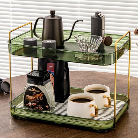 PRICES MAY VARY. 【Large capacity storage rack】Pallet Countertop Size: 14.49*8.86*1.77inch. Enlarged and wider countertop design can accommodate more items, suitable for a coffee bar or bar table, effective desktop storage, to meet your organization needs 【Effective draining design】The coffee station tray is easy to install, with a removable draining board effectively isolates the cups and water, plays the effect of draining water, keeps the items dry and hygienic 【Double usages】The draining boar Pallet Countertop, Glass Tray Decor, Coffee Station Ideas Countertop, Coffee Bar Organizer, Cabinet Coffee Bar, Tea Cup Holder, Coffee Bar Accessories, Bathroom Countertop Organizer, Coffee Organization