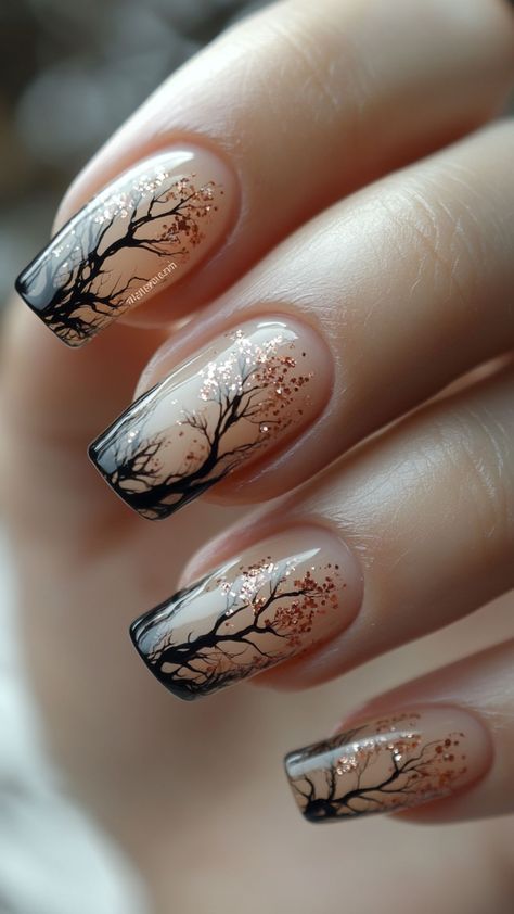 Fall Nails With Trees, Gothic Thanksgiving Nails, Spooky Tree Nails, Trends Nails 2024, Sleepy Hollow Nails, Fall Tree Nail Designs, Elegant Halloween Nails Design, Black And White Fall Nails, Holiday French Nails