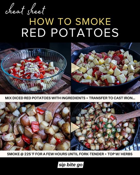 Infographic with recipe steps for smoking red potatoes on the Traeger pellet grill Smoked Red Potatoes In Smoker, Rosemary Red Potatoes, Grilled Red Potatoes, Smoked Baked Potatoes, Smoked Potatoes, Smoked Recipes, Traeger Grill Recipes, Red Potato Salad, Potato Side Dish