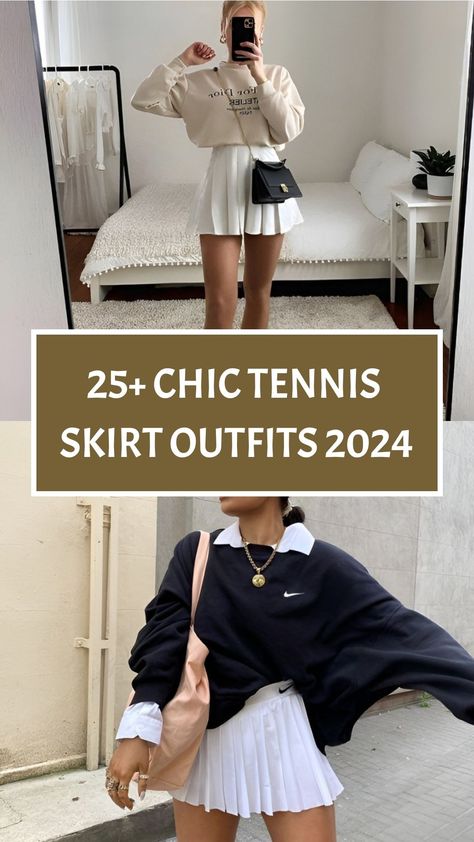 25+ Chic Tennis Skirt Outfits 2024 Sweater And Tennis Skirt Outfit, Tennis Skirt And Tights Outfit, Athletic Pleated Skirt Outfit, Cute Athletic Skirt Outfit, Styling A Tennis Dress, Cold Tennis Outfit, Tennis Mom Outfit, Tennis Core Outfits, Golf Skirt Outfit Street Styles