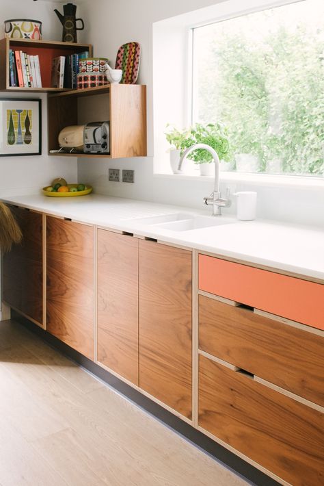 Mid Century Modern Kitchen // Walnut Veneer Kitchen // Walnut Veneer and Orange Kitchen // Plywood Kitchen Plywood Kitchens, Eames Design, Modern Kitchen Furniture, Plywood Kitchen, Modern Kitchen Remodel, Kitchen Manufacturers, Corner Space, Kitchen Wood, Mid Century Modern Kitchen