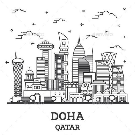 Outline Doha Qatar City Skyline with Modern Buildings Isolated on White. Qatar Skyline, Qatar City, Doha Skyline, City Outline, Doha Qatar, Line Art Design, Modern Buildings, Doha, City Skyline