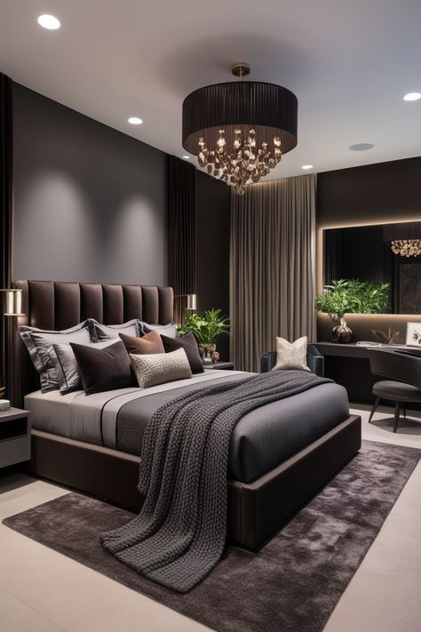 A plush upholstered headboard, layered bedding with textured throws, and minimalist furniture with clean lines create a sophisticated look.  Home bedroom refresh. #HomeBedroomRefresh #LuxuryBedroom #DarkPalette #ModernBedroom #ElegantDesign #SophisticatedInteriors #HomeStyling #MinimalistFurniture #AmbientLighting #CozyNook #StatementWall #BedroomInspo #NaturalMaterials #InteriorDesign #LuxeDecor #BedroomIdeas #SleekFurniture #HomeMakeover #PersonalizedDecor #StylishLiving Modern Luxurious Bedrooms Classy, Black And Beige Bedroom, Luxury Black Bedroom, Black Tufted Headboard, Beige Bedroom Design, Modern Black Bedroom, Fall Bedroom Ideas, Black Bedroom Design, Luxe Decor