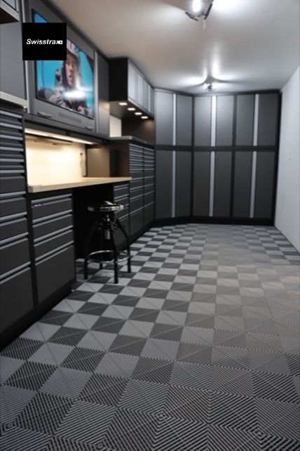 Home Workshop Floor Ideas - Swisstrax Tiles Swisstrax Flooring, Garage Loft Storage Floor, Black Epoxy Garage Floor Ideas, Swiss Trax Garage Flooring, Swisstrax Garage Flooring, Garage Floor Mats Lowe's, Garage Floor Mat, Modular Tile, Interlocking Tile