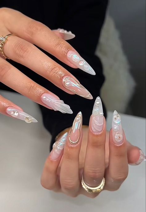 Ethereal Nail Designs, Ethereal Acrylic Nails, Almond Nails Kpop, Angelic Nails Acrylic, Sirencore Nails, White Fairy Nails, Siren Nails Aesthetic, Swan Lake Nails, Long Nails With Gems