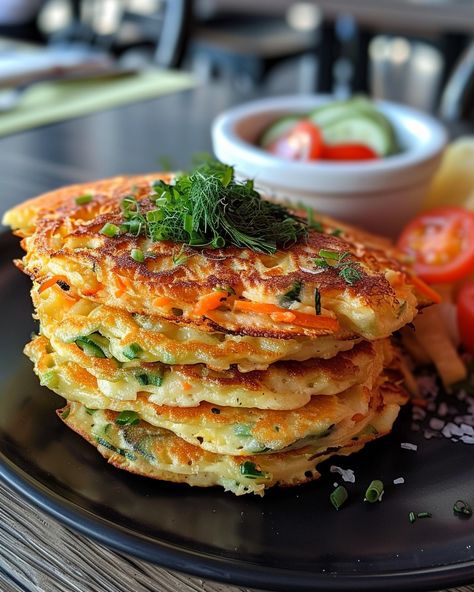 Vegetable Pancakes, Grated Zucchini, Food Fest, Grated Potato, Pancakes Ingredients, Carrots And Potatoes, Veggie Dishes, Parmesan Cheese, Grated Parmesan Cheese