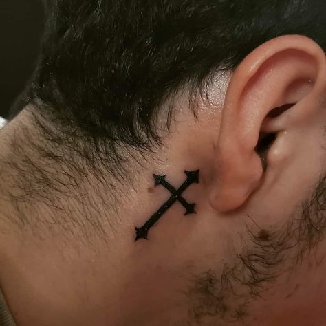 Three Crosses Tattoo Behind Ear, Crosses Behind Ear Tattoo, Cross Under Ear Tattoo, By The Ear Tattoo, Cross Tattoo For Men Neck, Faith Tattoos Men, Behind The Ear Tattoo Ideas Cross, Behind Ear Tattoo Men Ideas, Men’s Tattoo Behind Ear