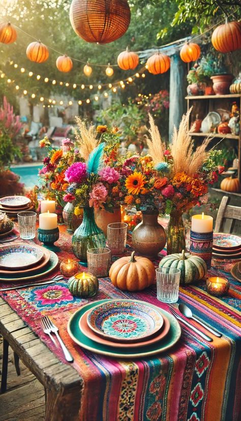 🍂 21 Stunning Fall Table Decoration Ideas That Will Transform Your Home 🍁 Patio With String Lights, Eclectic Tablescape, Mexican Table Setting, Round Table Settings, Patterned Tablecloth, Christmas Dinner Set, Beautiful Settings, Fall Table Setting, Mismatched Plates