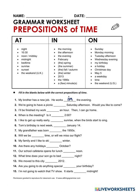 Prepositions online worksheet for A2. You can do the exercises online or download the worksheet as pdf. Prepositions Worksheet 4th Grade, Preposition Worksheets 5th Grade, Articles Worksheet, Preposition Worksheets, The Worksheet, English Grammar Worksheets, Grammar Skills, Time Worksheets, Grammar Worksheets