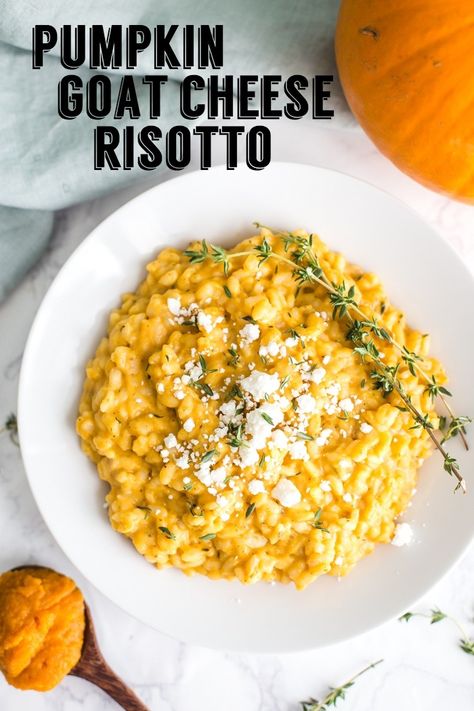 Pumpkin Goat Cheese Risotto- this easy and healthy rice dinner is perfect for fall dinners and something everyone will love! Goat Cheese Risotto, Pumpkin Goat Cheese, Cheese Risotto, Pumpkin Risotto, Fall Dinners, Healthy Rice, Goats Cheese, Rice Dinner, The Great Pumpkin