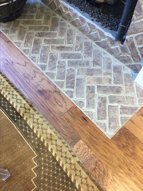 Brick floor inlay Brass Inlay Floor Transition, Brass Inlay Floor, Brick Inlay Wood Floor, Wood Floor With Brass Inlay, Wooden Flooring With Brass Inlay, Brick Detail, Brick Flooring, Wood Inlay, Barndominium