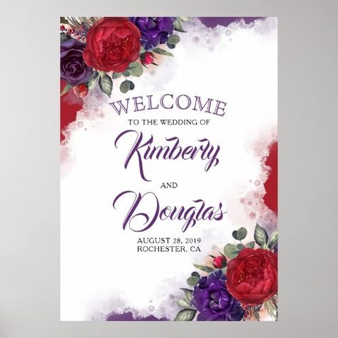 $37.25 | Burgundy Red Floral Eggplant Wedding Welcome Sign #wedding welcome sign, burgundy, modern, floral, fall, plum purple, aubergine, eggplant, dark purple, marsala Red Purple Wedding Decorations, Red And Purple Wedding Invitations, Purple And Red Wedding Theme, Red Purple Wedding, Red And Purple Wedding, Purple Wedding Ideas, Eggplant Wedding, Red Decorations, Red Wedding Theme