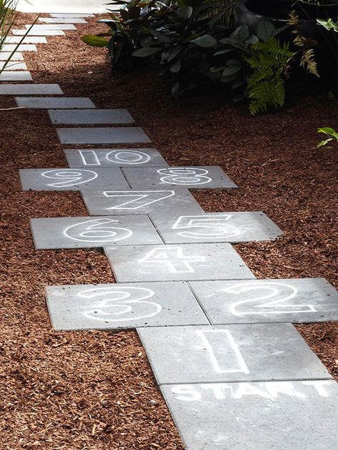 Paver Hopscotch, Outdoor Hopscotch, Path Backyard, Kid Friendly Backyard, Step Stones, Backyard Layout, Dark Paint, Vegetable Garden Planning, Garden Walkway