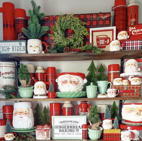 Christmas Antique Booth, Christmas Vintage Market Booth, Office Decor Santa’s Workshop, Vintage Santa Mugs Display, Vintage Santa Mugs Decor, Christmas Booth, Cozy Christmas Decor, Christmas Vignettes, Cabin Christmas