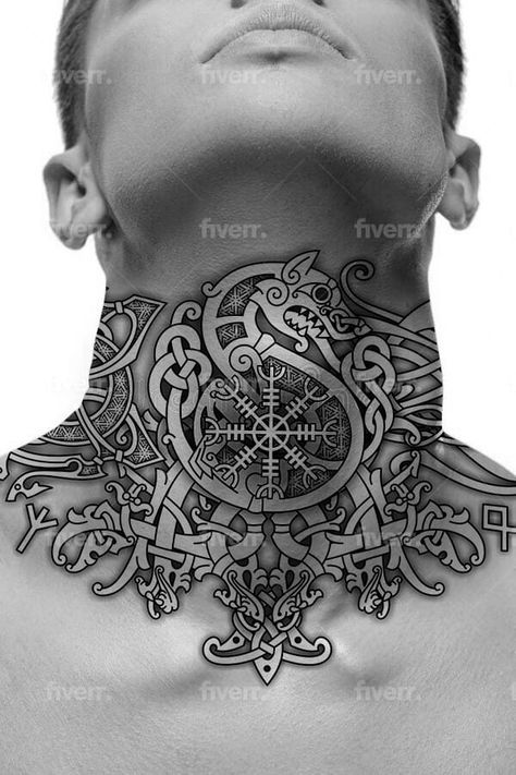 Create perfect celtic, nordic, viking, runes tattoo vector stencil design by Tattoowizardsco | Fiverr Viking Neck Tattoos For Men, Throat Tattoo Norse, Celtic Mens Tattoo, Celtic Throat Tattoo, Norse Neck Tattoos For Men, Neck Viking Tattoo, Nordic Throat Tattoo, Nordic Ruins Tattoo, Viking Throat Tattoo Men