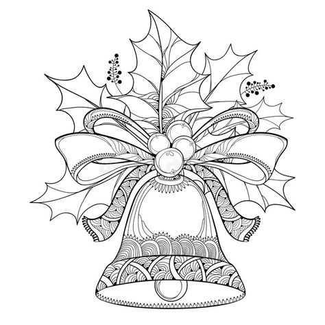 Vector branch with outline leaves and berries of Holly berry and ornate bell with bow on white background. Traditional Christmas symbol in contour style for stock illustration Christmas Bells Drawing, Outline Leaves, Background Traditional, Cross Drawing, Xmas Drawing, Christmas Sketch, Symbol Drawing, Christmas Coloring Sheets, Simple Henna Tattoo