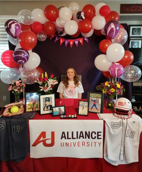 Signing Day Table Ideas Softball, Softball Senior Table Ideas, College Commitment Signing Table, Sports Signing Day Table Ideas, College Signing Day Table Ideas Softball, Soccer Signing Day Table, Signing Day Table Ideas College, Softball Signing Day Table Ideas, Senior Signing Day Table