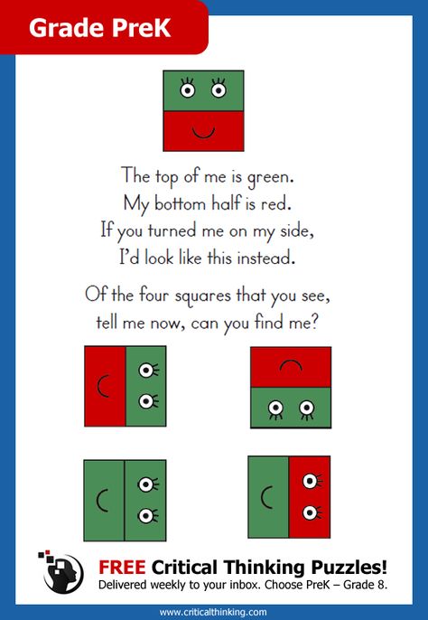 FREE Award-Winning Critical Thinking Puzzles! Sign Up Today! Delivered weekly to your inbox. Choose PreK – Grade 8. Can your child figure out the answer(s)? Better Grades, Teaching Time, Grade 8, Preschool Math, Summer School, Kindergarten Math, Teaching Math, Critical Thinking, Math Activities