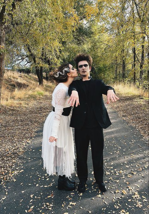 Ghost Couples Costumes, Hot Frankenstein Costume, Zombie Bride And Groom Halloween, Halloween Couple Ideas Scary, Modern Frankenstein And Bride Costume, Frankinstine And His Bride Costume Ideas, Horror Costumes Couples, Ghost Costume Couple, Diy Frankenstein Costume Men