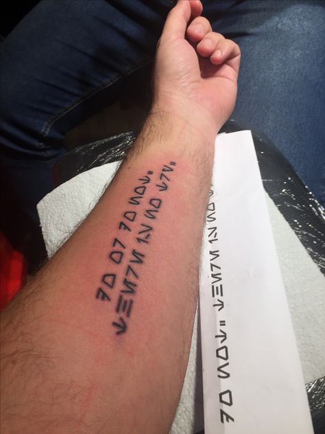 Star Wars Writing Tattoo, Star Wars Tattoo Small Quote, Anikan Skywalker Tattoo Ideas, Aurebesh Tattoo, Try Tattoo, 777 Tattoo Meaning, Tattoo Bills, Lettering Tattoo Design, Atlas Tattoo