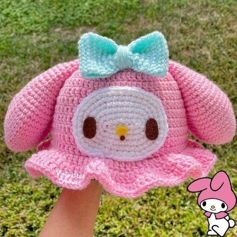 My Melody Bucket Hat Crochet, Crochet Patterns Sanrio, My Melody Crochet Hat, Sanrio Crochet Hat, Sanrio Crochet Pattern, Kawaii Crochet Clothes, My Melody Crochet, Bucket Hat Crochet, Hello Kitty Crochet