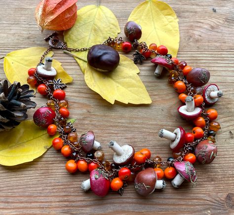 Mushroom Forest necklace with rowan berries, cornelian, tiger eye stones. Fall Autumn color jewelry with mushrooms. Woodland witch necklace. Pogan jewelry for fall forest lover. Vegetarian jewelry gift. Autumn inspired necklace Its mushroom season! Do you like to pick mushrooms in the fall? I love it very much! I adore the smell of forest and mushrooms! And I really miss our Carpathian mountains .. I could not be there this year. But I hope next year I will be able to visit these wonderful place Autumn Handmade Jewelry, Vegan Witch, Woodland Witch, Rowan Berries, Forest Necklace, Autumn Jewelry, Mushroom Necklace, Woodland Jewelry, Mushroom Forest