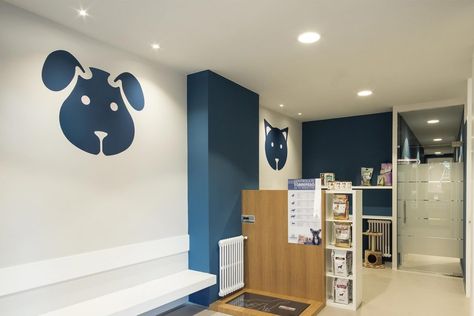 Diseño y Decoración Clínica Veterinaria | Niddo: Reforma de Locales Pet Clinic Design, Dog Daycare Business, Waiting Room Design, Dog Kennel Designs, Dog Logo Design, Dog Hotel, Shelter Design, Vet Clinic, Hospital Interior