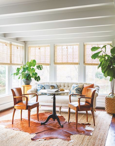 Extension Veranda, Tufted Furniture, The Shade Store, Classic Window, Eclectic Farmhouse, Sunroom Decorating, Crossback Chairs, Bamboo Blinds, Bamboo Shades