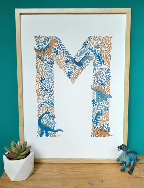 Dinosaur themed M for Monty, personalised hand painted letter - Gouache floral adn nature themed illustration - Made to Order - Etsy Painted Letters Diy, Painted Animals, Name Paintings, Gift Wrapping Inspiration, Letters For Kids, Painted Letters, Personalized Letters, Name Day, Nature Themed