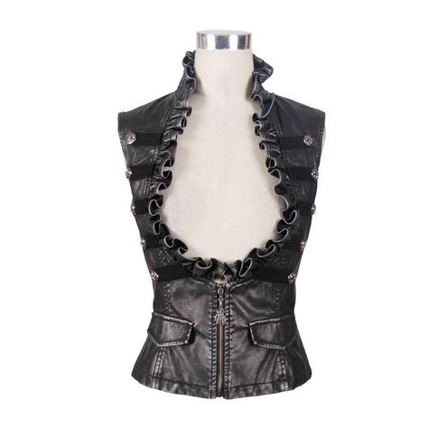 Black And Silver Big Opening Chest Wave Collar Sexy Lady Leather Waistcoats Steampunk Mode, Punk Leather Jacket, Steampunk Outfits, Moda Steampunk, Steampunk Vest, Mode Steampunk, Leather Waistcoat, Faux Leather Vest, Style Steampunk