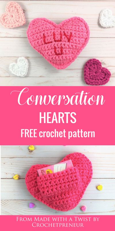 This is an adorable idea for a teacher's gift, teen gift or Valentine's Day gift for anyone. The little pocket in the back is the perfect size to hold a box of candies or, even better, a gift card! #valentinesdaycrochetpattern #freecrochetpattern #crochetgiftcardholder #teachersgift #crochetteachersgift #crochetheart #heart #conversationheart Crochet Teacher Gifts, Crocheted Hearts, Valentine Crochet, Crochet Valentine Patterns, Crochet Valentines, Crochet Valentine, Crochet Bloggers, Crochet Holiday, Crochet Hearts