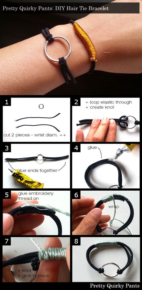 Hair Tie Bracelet Instructions                                                                                                                                                                                 More Bracelet Instructions, Make Bracelet, Hair Ties Diy, Halloween Accessories Hair, Hair Tie Bracelet, Tie Crafts, Crystal Accessories, Boho Diy, Hair Elastics