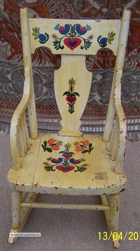 Vintage Childrens Rocking Chair - Flowers Hand Painted Post-1950 photo 1 Hand Painted Furniture Floral, Hand Painted Rocking Chair, Folk Art Chair, Folk Art Painted Chair, Scandinavian Painted Furniture Folk Art, Hand Painted Flowers On Furniture, Painted Rocking Chair Ideas, Chair Painting Ideas, Painted Kids Chairs