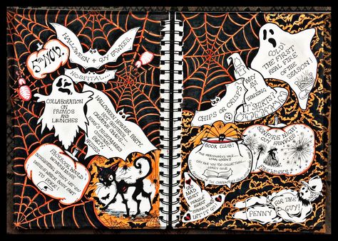 Halloween Halloween Sketchbook Spread, Halloween Art Journal, Halloween Sketchbook, Halloween Journal, Sketchbook Spread, Sketchbook Art Journal, Sketchbook Art, Journal Design, Art Journals