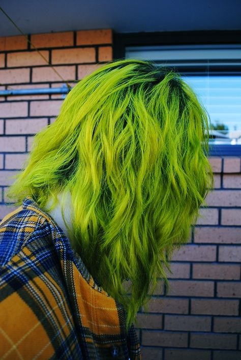 Toxic Waste. #Grunge #Hair #LimeGreen Neon Green Hair, Hair Rainbow, Hair Colorful, Lumpy Space, Neon Hair, Colour Ideas, Hair Color Blue, Dye My Hair, Rainbow Hair