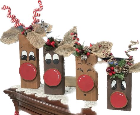 2 X 4 Reindeer, Block Reindeer Craft, 2x4 Reindeer, Wood Block Reindeer, 4x4 Projects, 4x4 Crafts, Jenga Crafts, Diy Christmas Reindeer, Reindeer Crafts