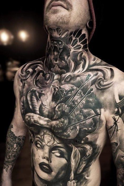 Medusa Back Tattoo Men, Full Chest Tattoos, Art Chicano, Medusa Tattoo Design, Belly Tattoos, Throat Tattoo, Torso Tattoos, Cool Chest Tattoos, Neck Tattoo For Guys