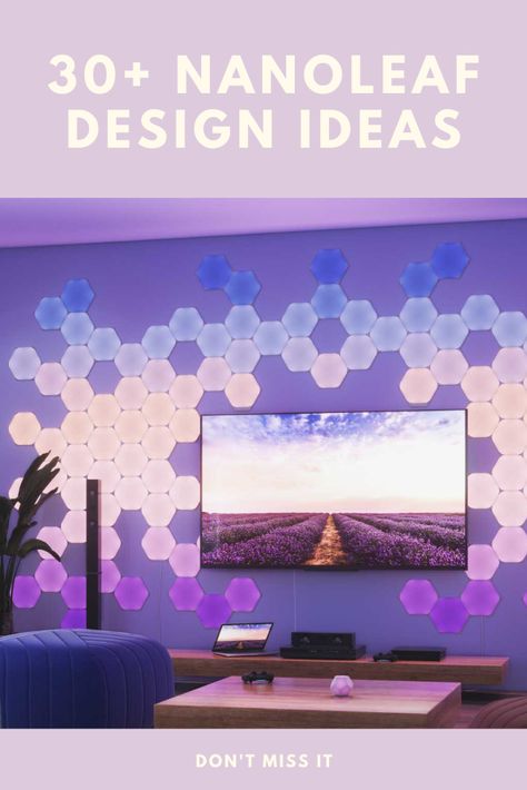 Nanoleaf Panels, Nanoleaf Designs, Wall Panel Ideas, Nanoleaf Lights, Hexagon Decor, Bedroom Decor For Men, Led Wall Decor, Wooden Wall Panels, Mood Lights