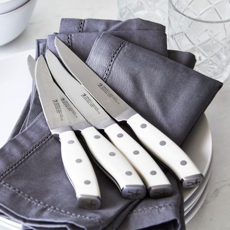 Henckels Forged Accent 4-Pc Steak Set | Cutlery | Cozymeal Knives Aesthetic, Knife Organization, Black Dishwasher, Single Man, Steak Knife Set, Essential Kitchen Tools, Finger Guard, Steak Knife, Kitchen Cutlery