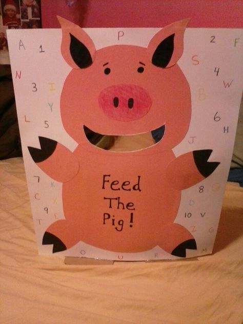 "Feed The Pig" game I made for my kids at camp. They had fun learning while feeding the pig numbers and letters. Pig Art Projects For Preschool, Pig Activities For Preschool Farm Unit, Feed The Pig Activity, Pig Fine Motor Activities, Farm Animal Games For Preschool, Pig Activities For Toddlers, Pig Activities For Preschool, Pig Activities For Kids, Old Macdonald Had A Farm Activities