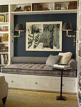 Built in seating.  Like the shelving around the bench.  very cozy, a good book and a glass of wine Built In Seating, Banquette Seating, غرفة ملابس, Home Library, Window Seat, A Living Room, My New Room, Built Ins, Guest Bedroom