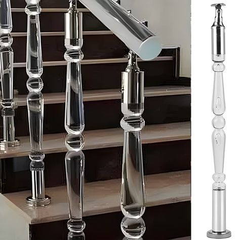 Acrylic Stair Railing, House Railings Indoor, Mall Exterior, Rooftop House, Porch Balusters, Banister Rails, Exterior Entryway, Stair Railing Makeover, Glass Railing Stairs