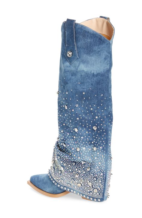 Opalescent rhinestones power up the denim overlay of a glamorous boot that's a party-ready spin on a wild-west favorite. 2" heel (size 6) 15'' shaft; 15 1/2'' calf circumference Textile and synthetic upper/synthetic lining and sole Imported Asian Owned/Founded Denim Themed Party Outfit, Denim And Pearls Outfits, Denim Themed Party, Denim And Diamonds Party Outfit, Denim Boots Outfit, Denim Party Outfit, Diamonds And Denim Party, Denim And Pearls, Denim Cowgirl